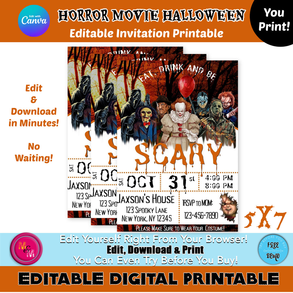 Editable Horror Movie Halloween Invitation Printable – Mug+Mouse Designs