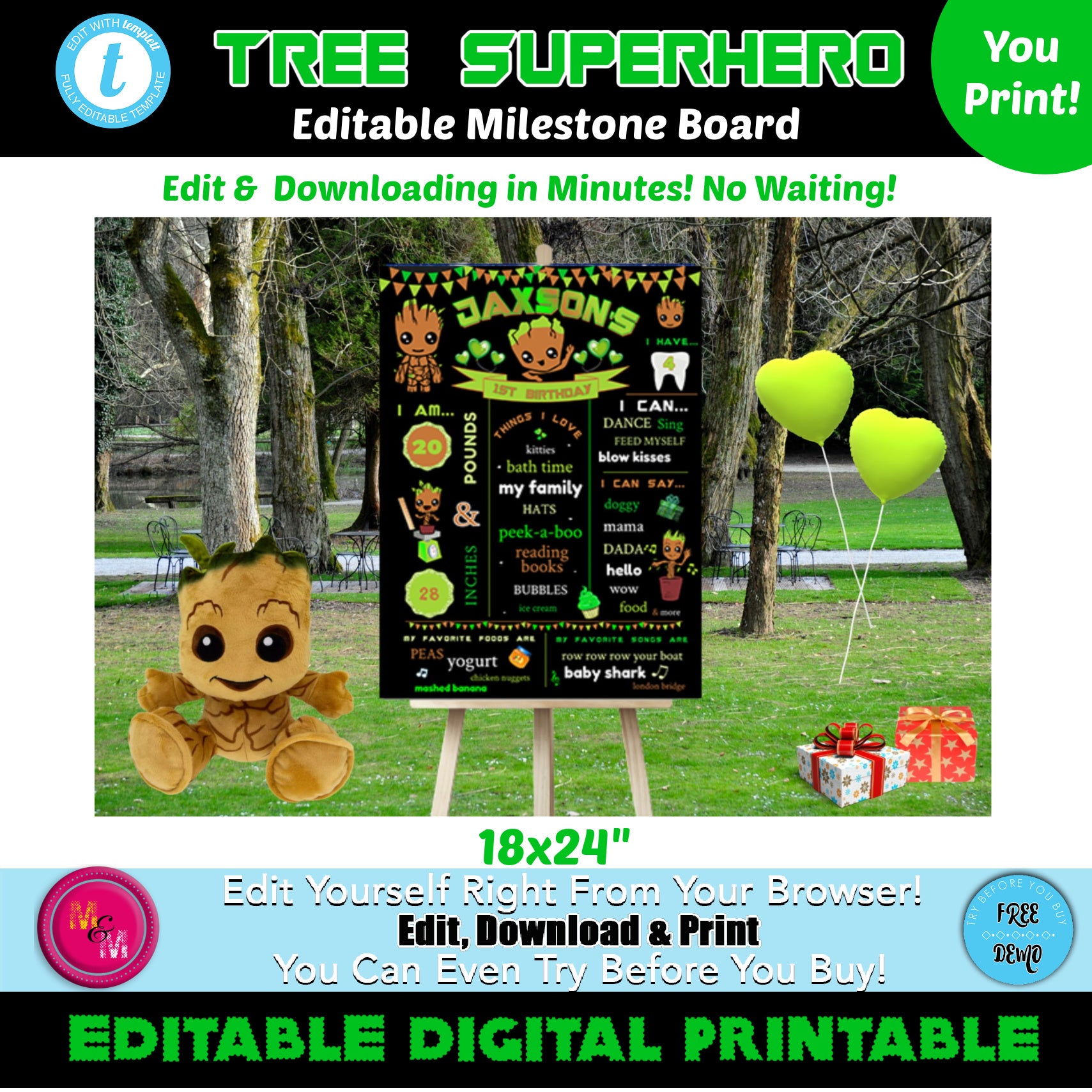 Editable  Baby Tree Superhero Party Milestone Board 18x24", Baby Tree Poster Board