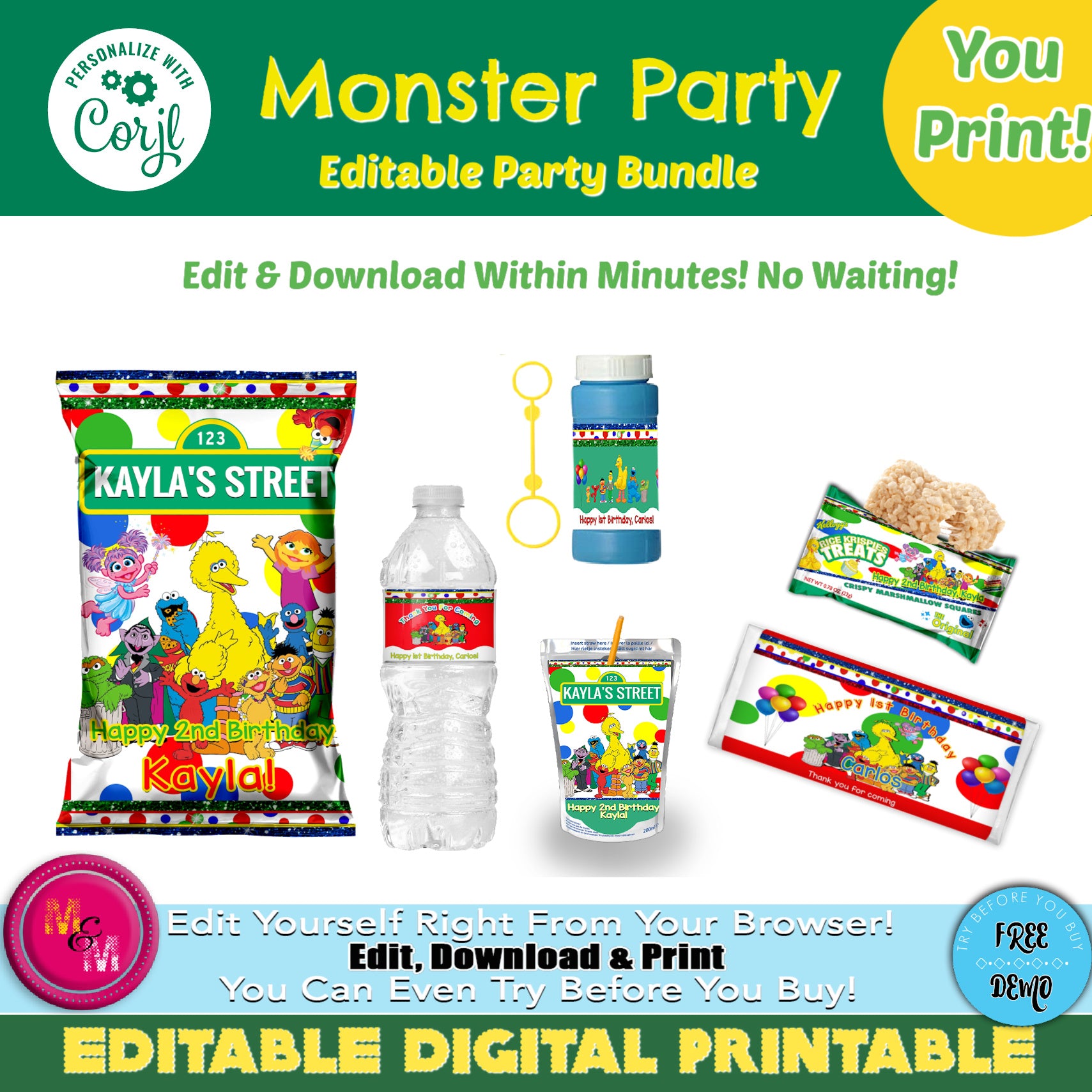 Marisela- Editable Monster Party Mini Bundle, Monster Party Chip Bag Set