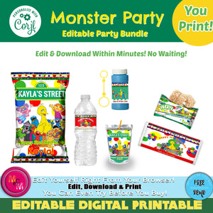 Marisela- Editable Monster Party Mini Bundle, Monster Party Chip Bag Set
