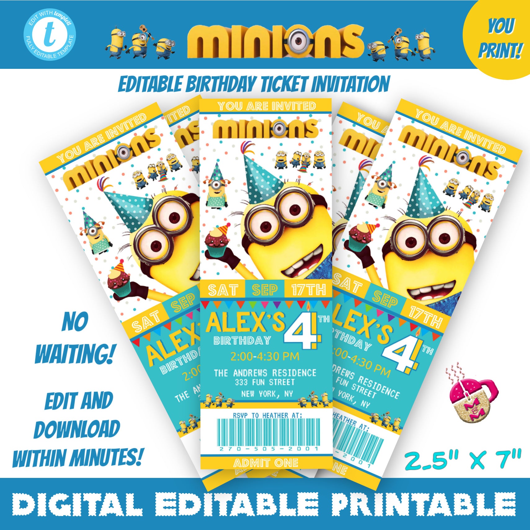 Editable Minions Birthday Party Ticket Invitation Printable, Minions cinema ticket invitation, Despicable Me Movie Ticket, Minions Invite