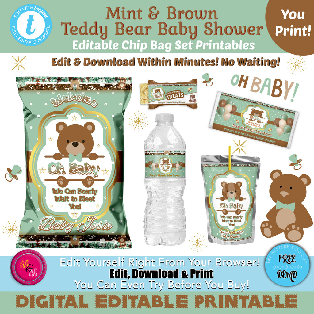 Editable Mint Green & Brown Teddy Bear Baby Shower Set, We Can Bearly Wait Party Favors Set, Teddy Bear Baby Shower Chip Bar Set