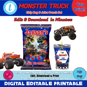 Editable Monster Truck Chip Bag and Juice Pouch Set, Monster Truck  Capri Sun Labels, Monster Truck  Party
