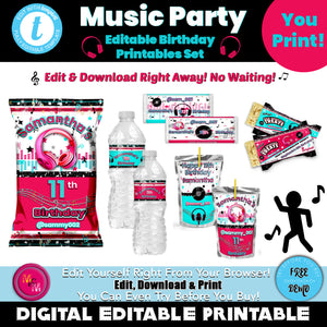 Editable Music Birthday Party Kit, Music Party Bundle, Music Party Package, Music Printables