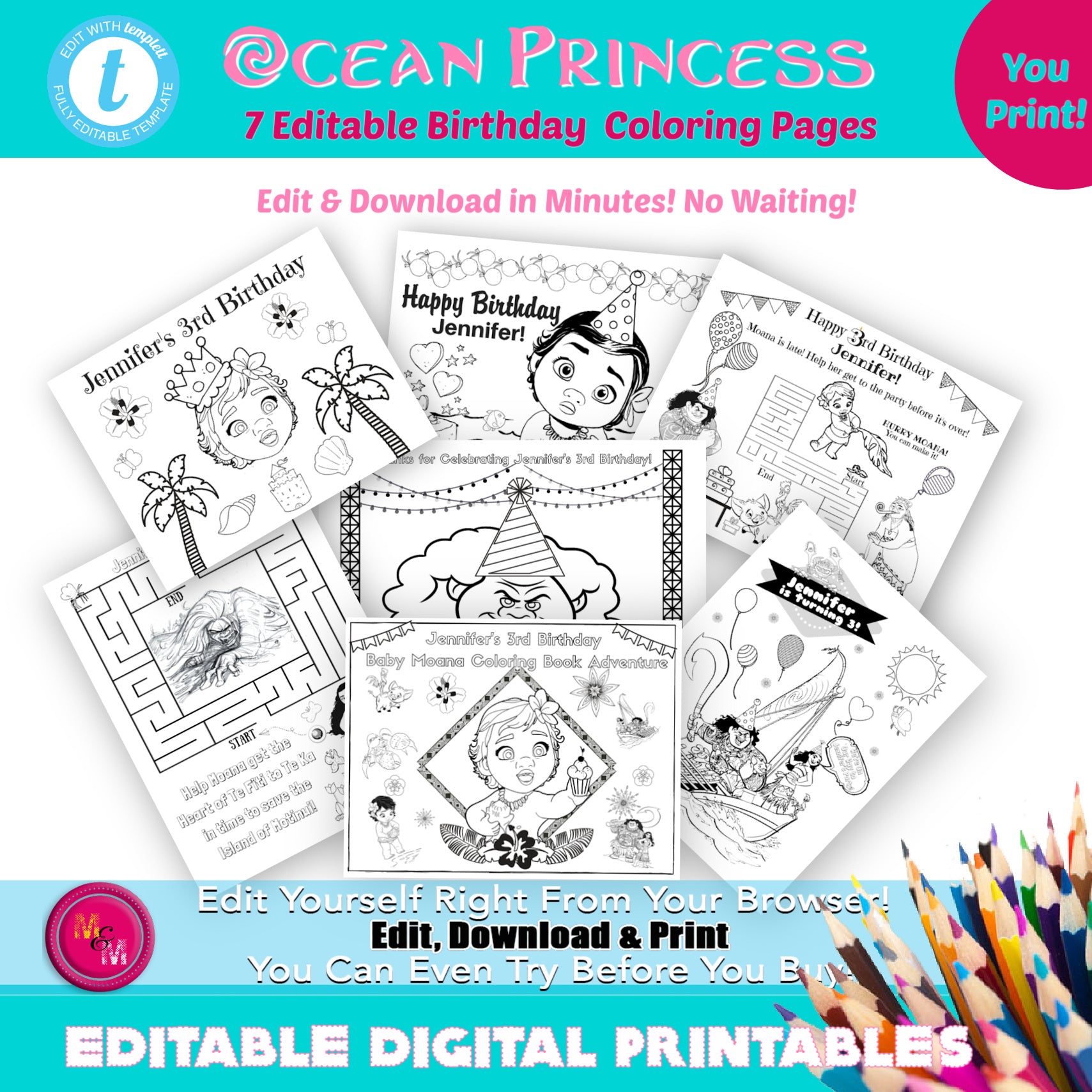 Editable Ocean Princess Coloring pages, Ocean Princess Birthday Coloring Pages