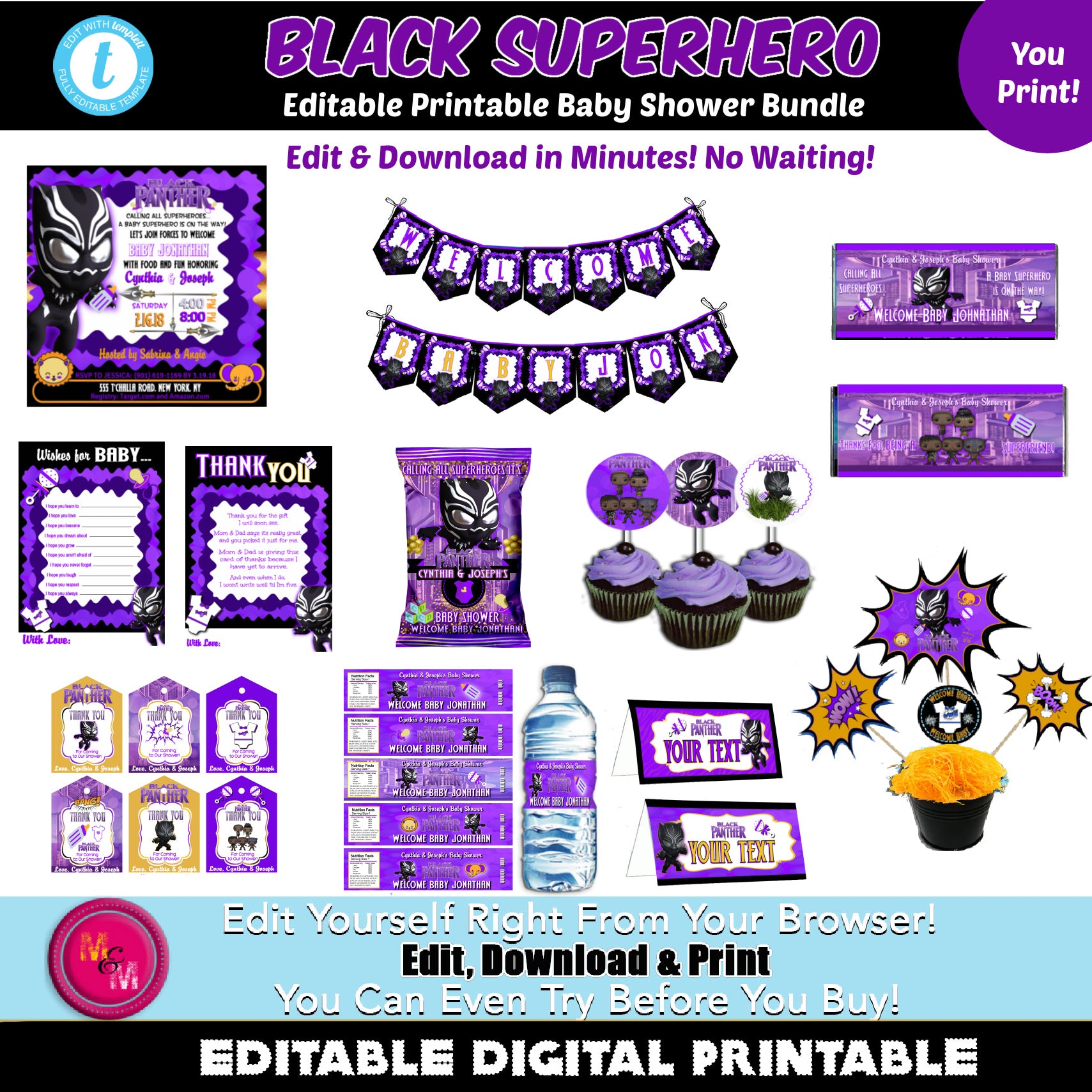 Editable Purple Black Superhero Baby Shower Supplies Set