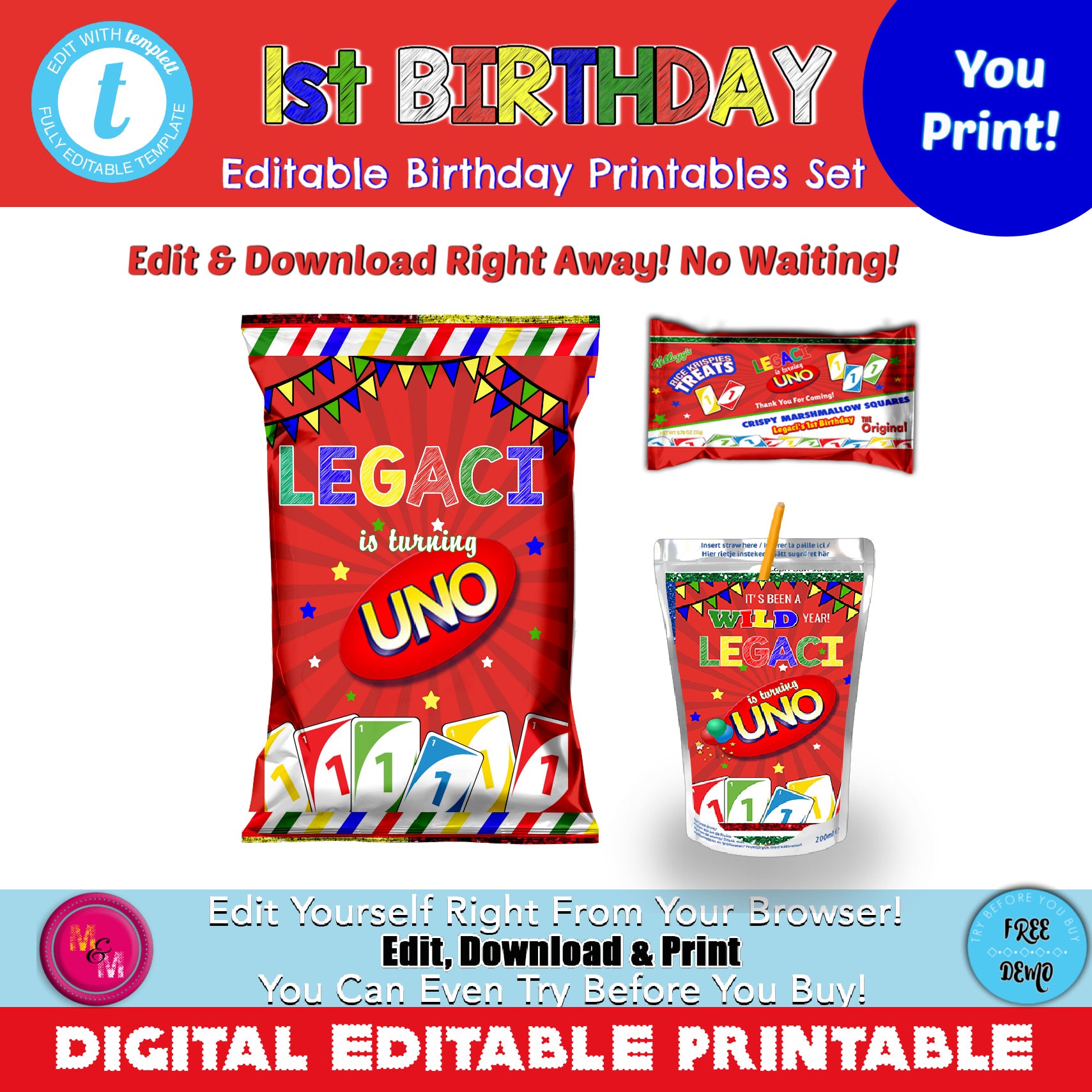Editable 1st Birthday Chip Bag, Capri Sun Label, Rice Krispies Labels Set, 1st Birthday Birthday Printables
