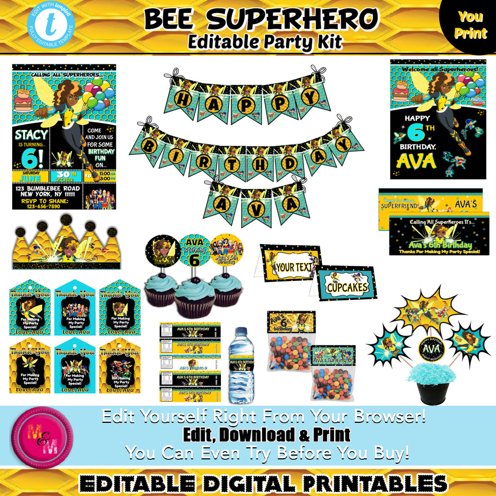 Editable Bee Superhero Birthday Printable Package, Superhero Girls Party Kit