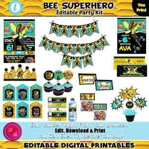 Editable Bee Superhero Birthday Printable Package, Superhero Girls Party Kit