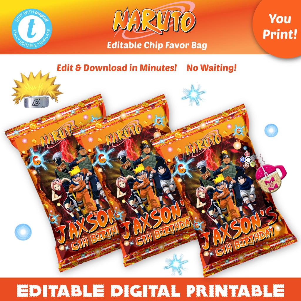 Editable Anime Chip Bag, Naruto Party Favors, Gamer Party favors