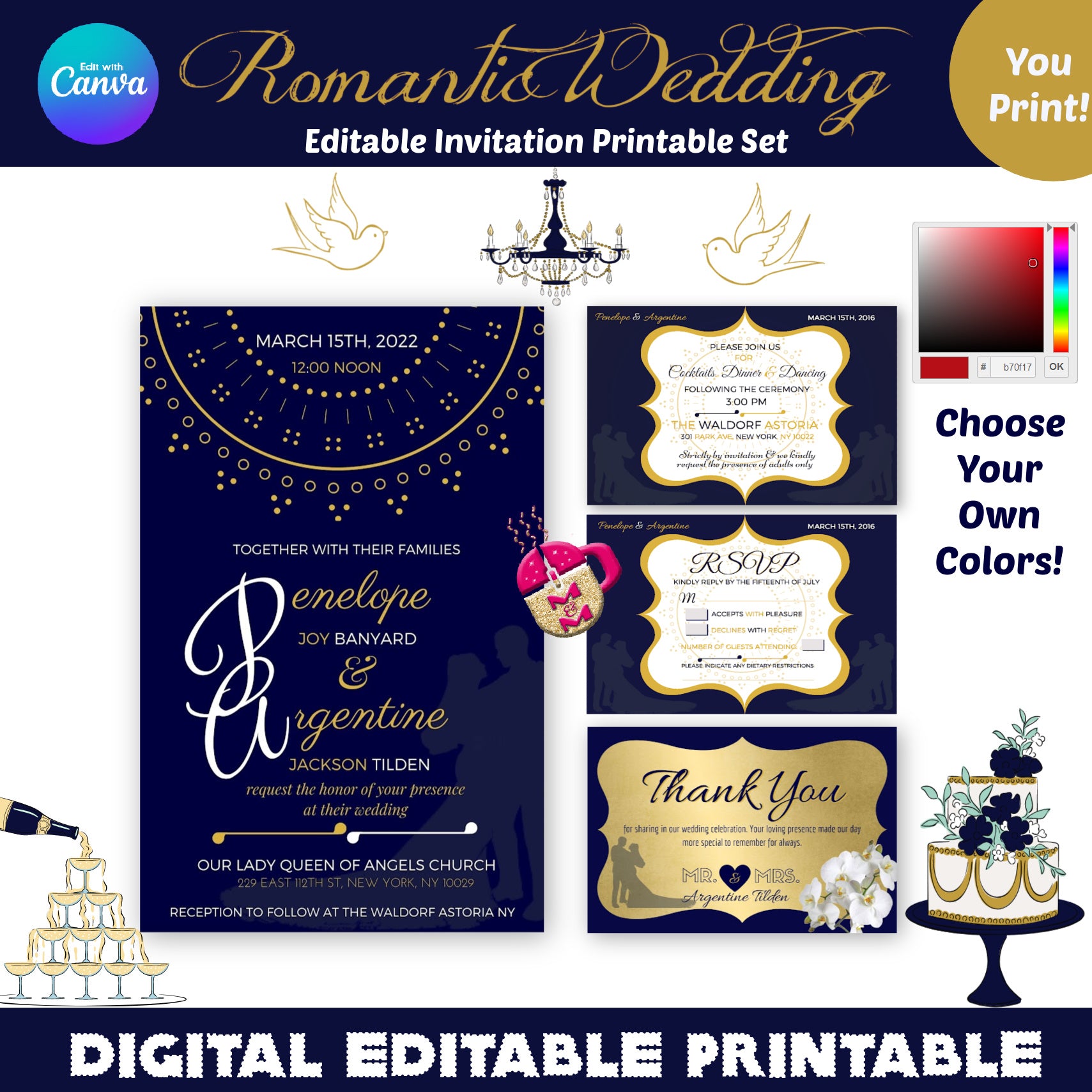 Editable Navy, Gold & White Wedding Invitation Set, DIY Wedding, Customize to Any Color