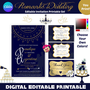 Editable Navy, Gold & White Wedding Invitation Set, DIY Wedding, Customize to Any Color
