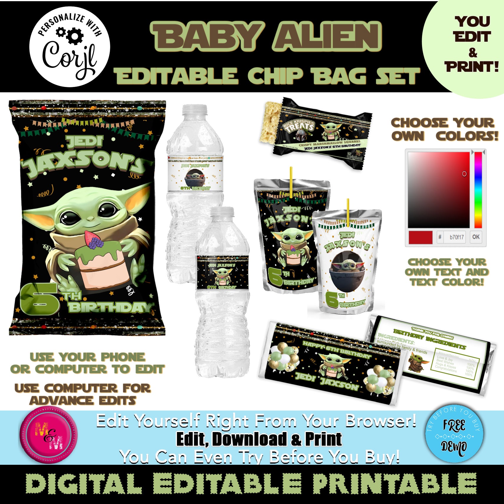 Editable Baby Alien Chip Bag Set, Mandalorian Chip Bag, Baby Alien Party Favors