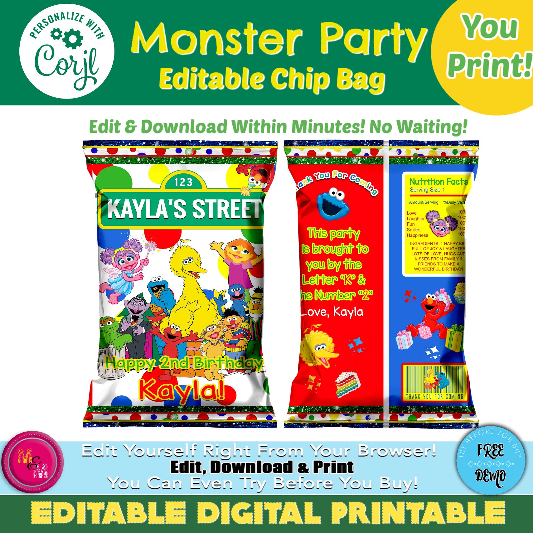 Editable Monster Party  Street Chip Bag