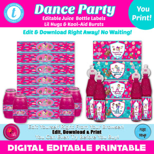 Editable Dance Party Juice Label Printable Set for Lil Hugs and Kool-Aid Bursts Juice Bottles, Dance Party Juice Label, Dance Party Juice Wrapper
