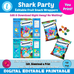 Editable shark party Fruit Snacks Wrappers Printables