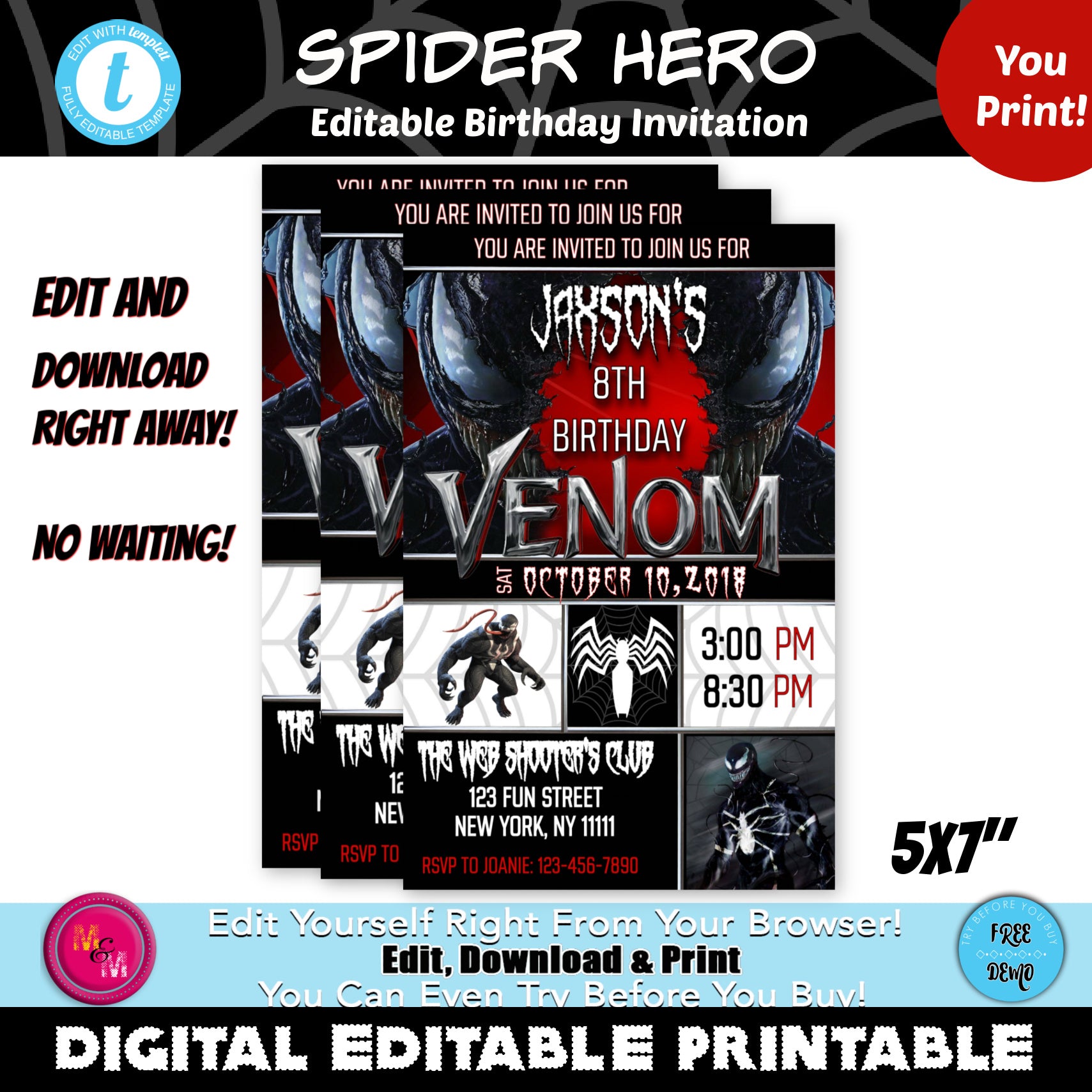 Editable Spider Birthday Party Invitation Printable,  Superhero Party