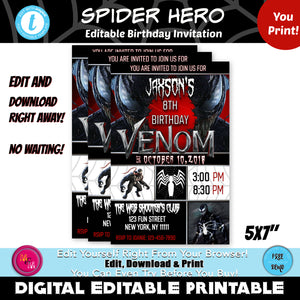 Editable Spider Birthday Party Invitation Printable,  Superhero Party