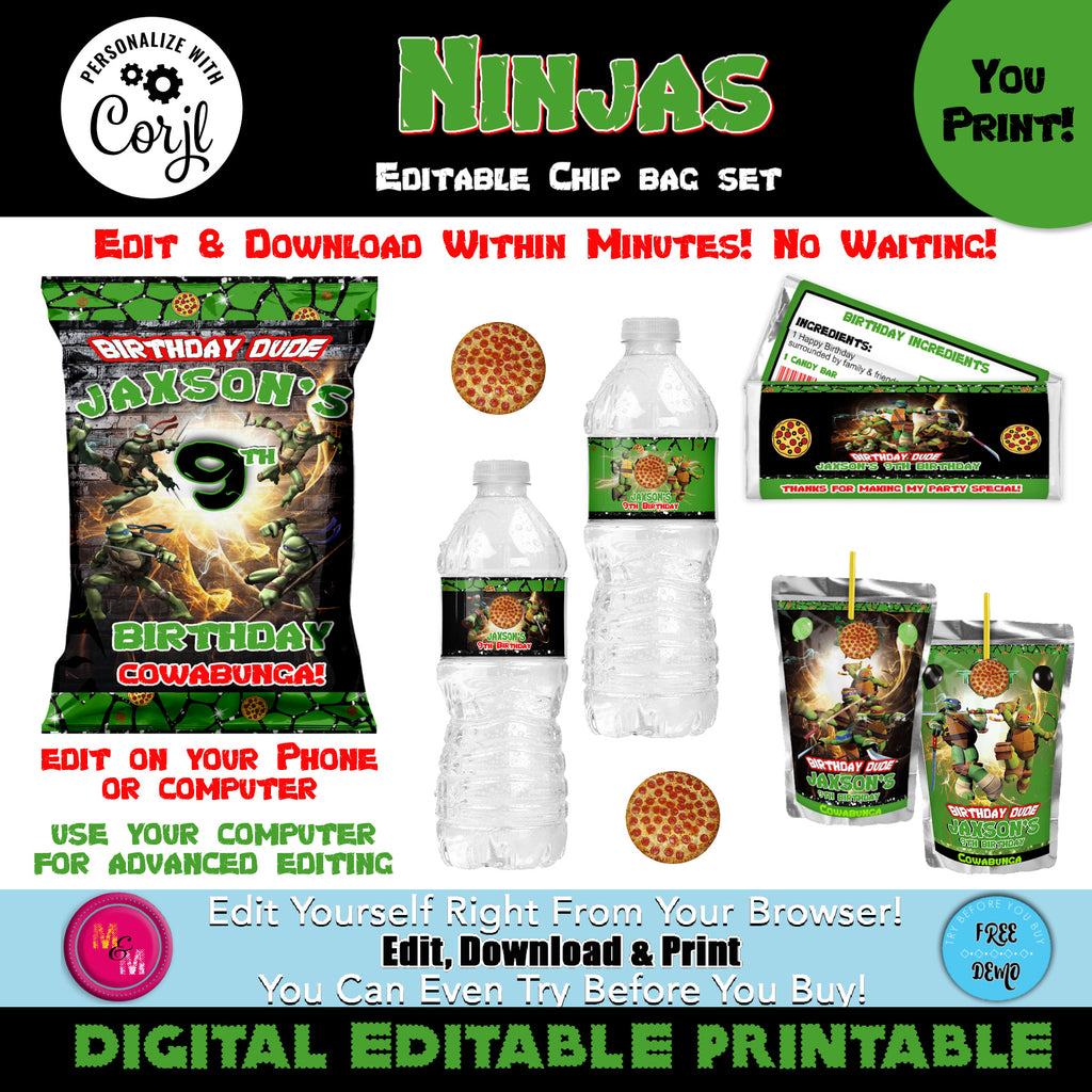 Editable Ninja Chip Bag Set, Ninja Party Favors, Ninja Party Templates