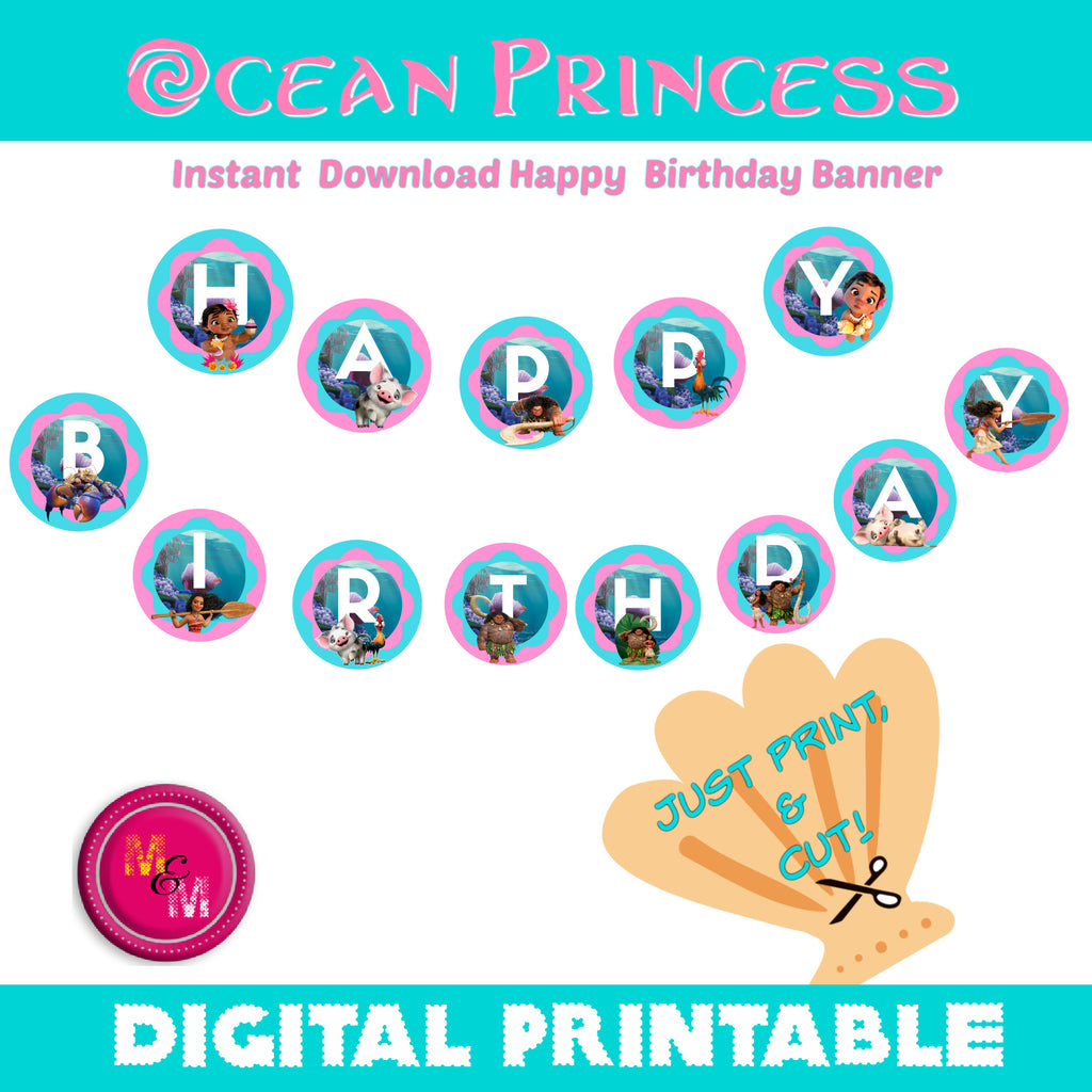Instant Download Ocean Princess Birthday Banner, Happy Birthday Circle Banner Printable, Ocean Princess Birthday Decorations, Ocean Princess Party