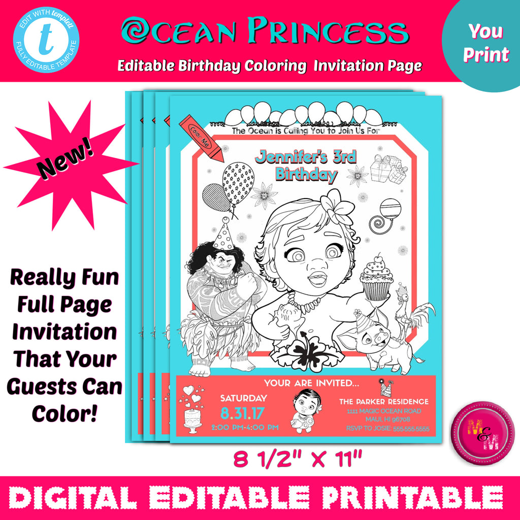 Editable Ocean Princess Coloring Invitation, Ocean Princess Birthday Invitation, Birthday Invitation Coloring Page, Ocean Princess Birthday Party