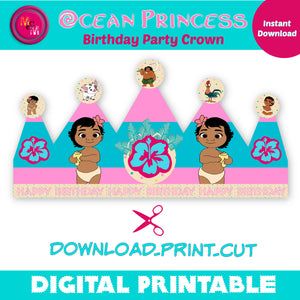 Instant Download Ocean Princess Paper Birthday Crown Printable, Princess Moana Crown, Ocean Princess-Party Hat, Ocean Princess Decorations