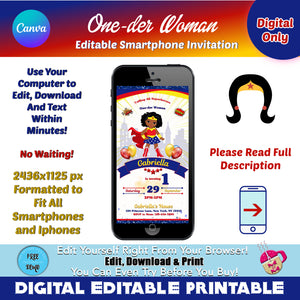 Editable One-der Woman Smartphone Invitation | Wonder Woman Mobile Phone Invitation | Brown Wonder Woman