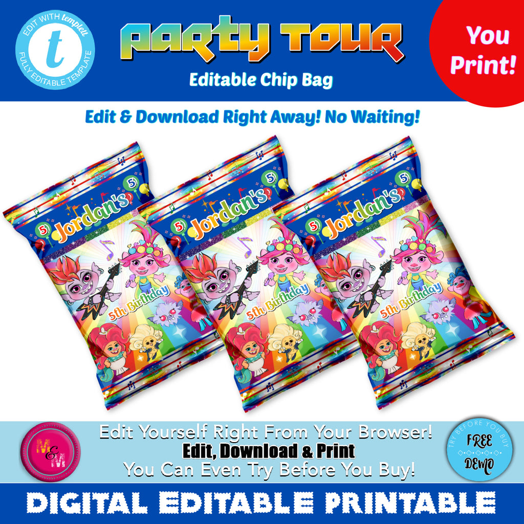 Editable Party Tour Chip Bag, Personalized Party Tour favor bag, Edit with Templett, Birthday Candy Bags