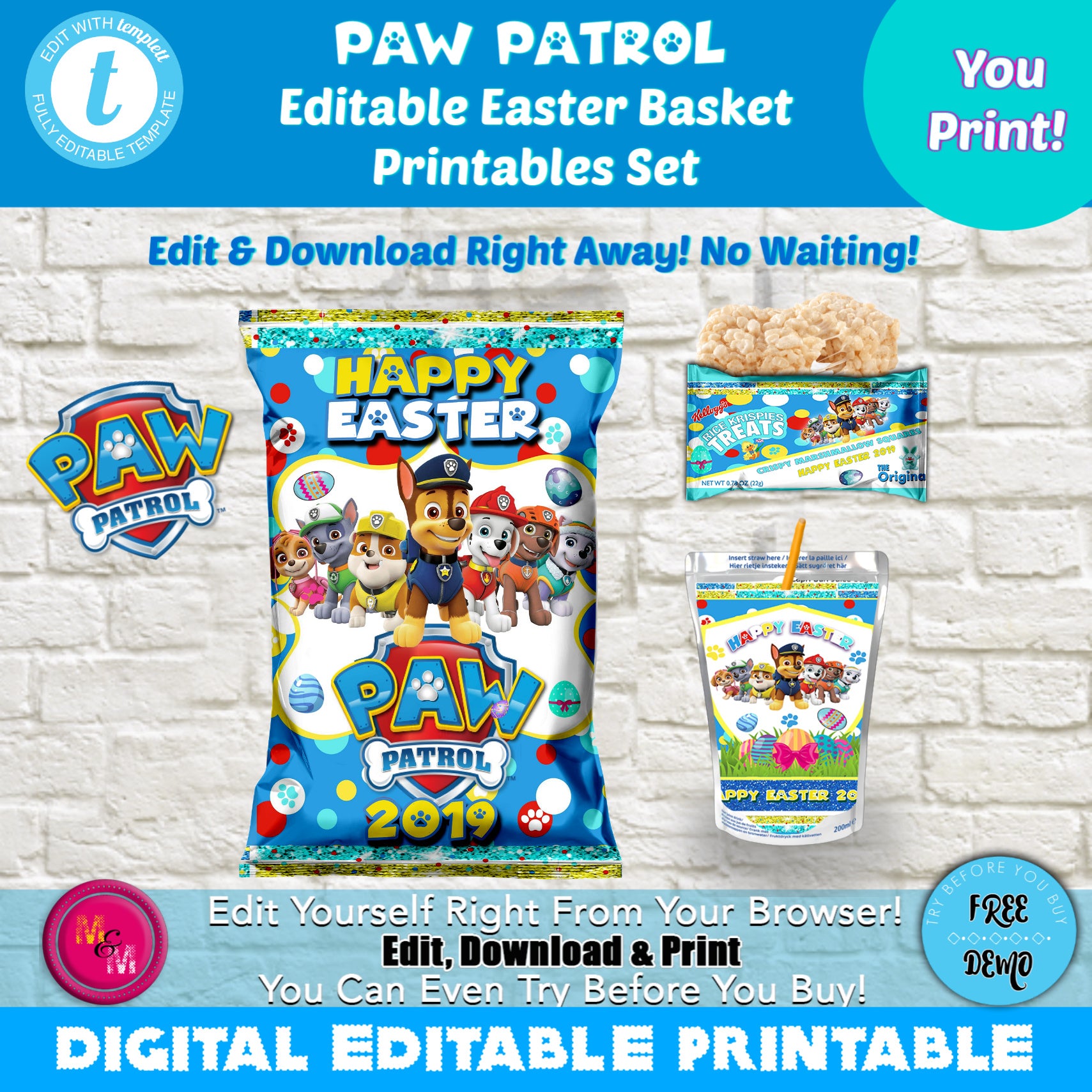 Editable Pup Party Easter Easter Chip Bag  & Juice Pouch Label Set,  Pup Party Chip Bag, Pup Party Easter Basket Printables