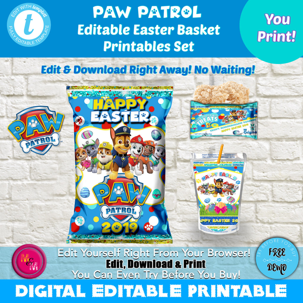 Editable Pup Party Easter Easter Chip Bag  & Juice Pouch Label Set,  Pup Party Chip Bag, Pup Party Easter Basket Printables
