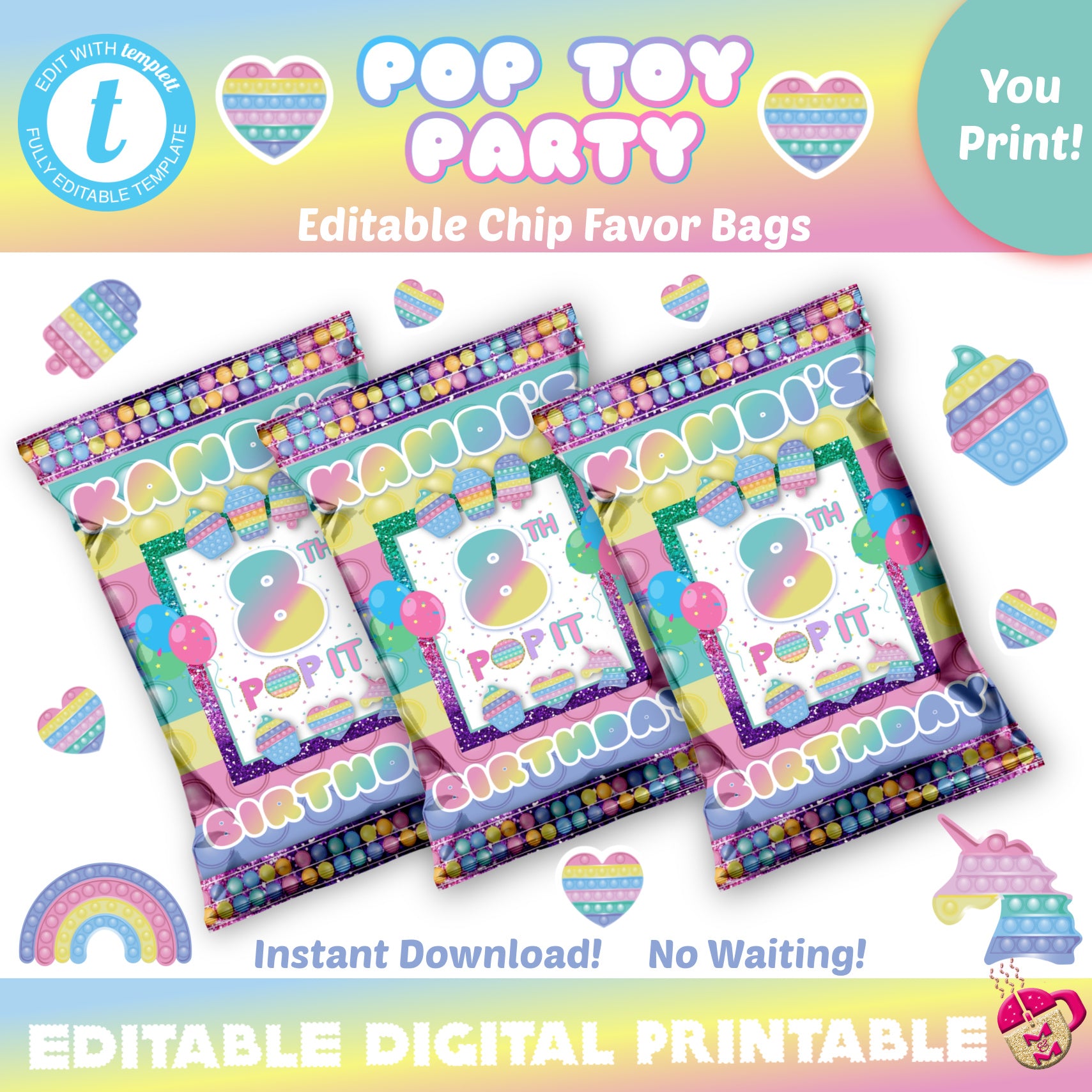 Editable Pop Toy Chip Bag, Pop It Party Chip Bag