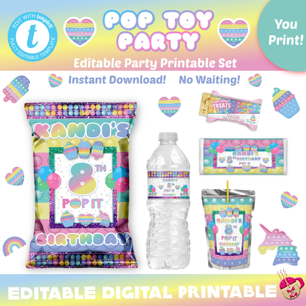 Editable Pop Toy Chip Bag Set, Pop It Party Templates, Pop It Party Favors