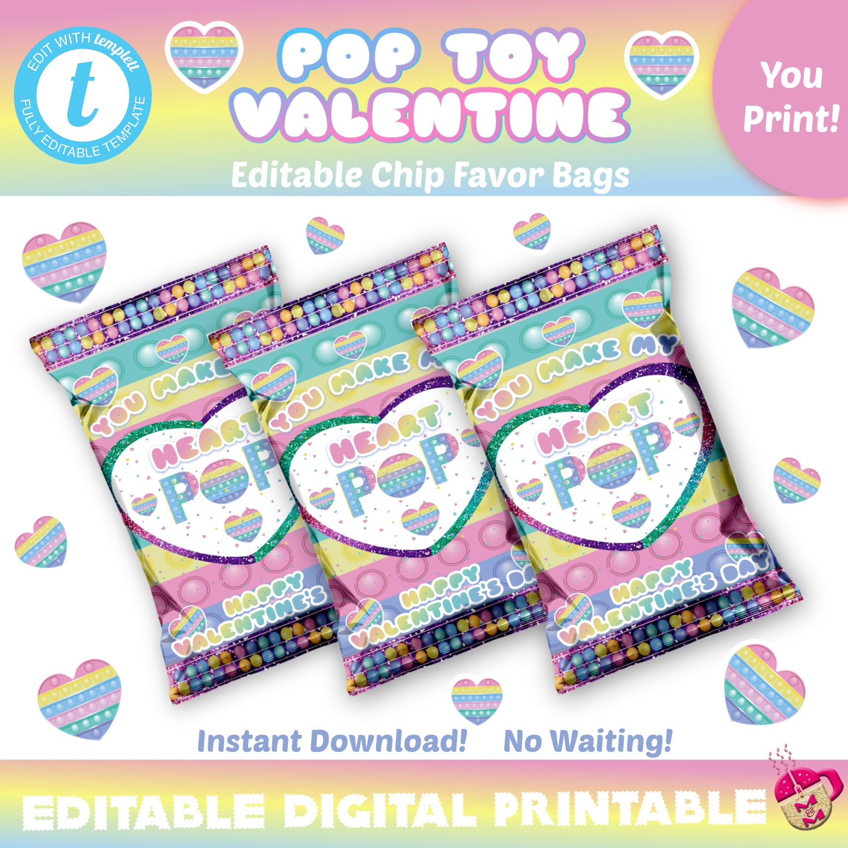 Editable Pop Toy Valentine Chip Bag, Pop It Valentine Chip Bag, Pop Valentine's Day Chip