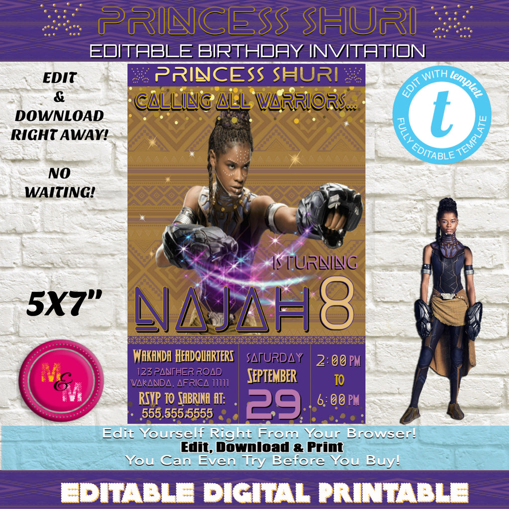 Editable Princess Shuri Birthday Invitation Printable, Shuri Black Panther Invite, Print at Home Invite, Edit with Templett, Superhero Party - mugandmousedesigns