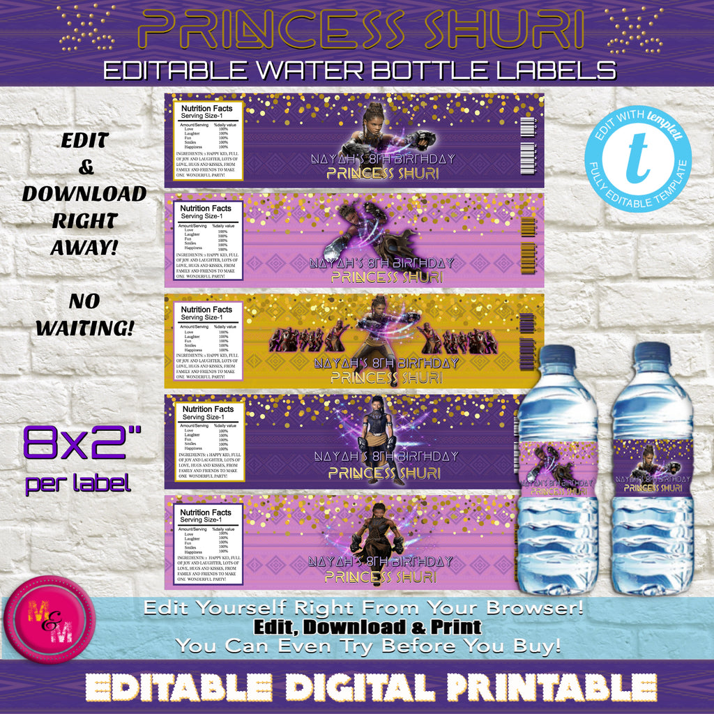 Editable Princess Shuri Water Bottle Labels, Shuri Black Panther Water Bottle Wrappers, Shuri Party Supplies, Edit with Templett - mugandmousedesigns