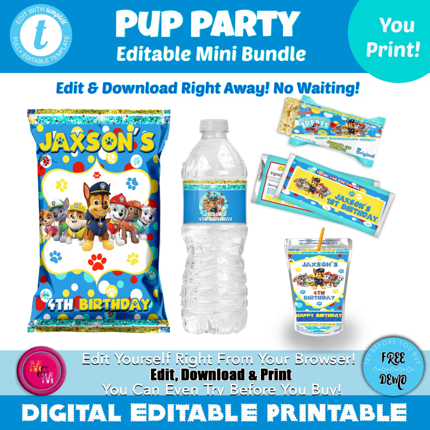 Editable Pup Party Bundle,  Puppy Party Printables, Pup Party Chip Bag Set
