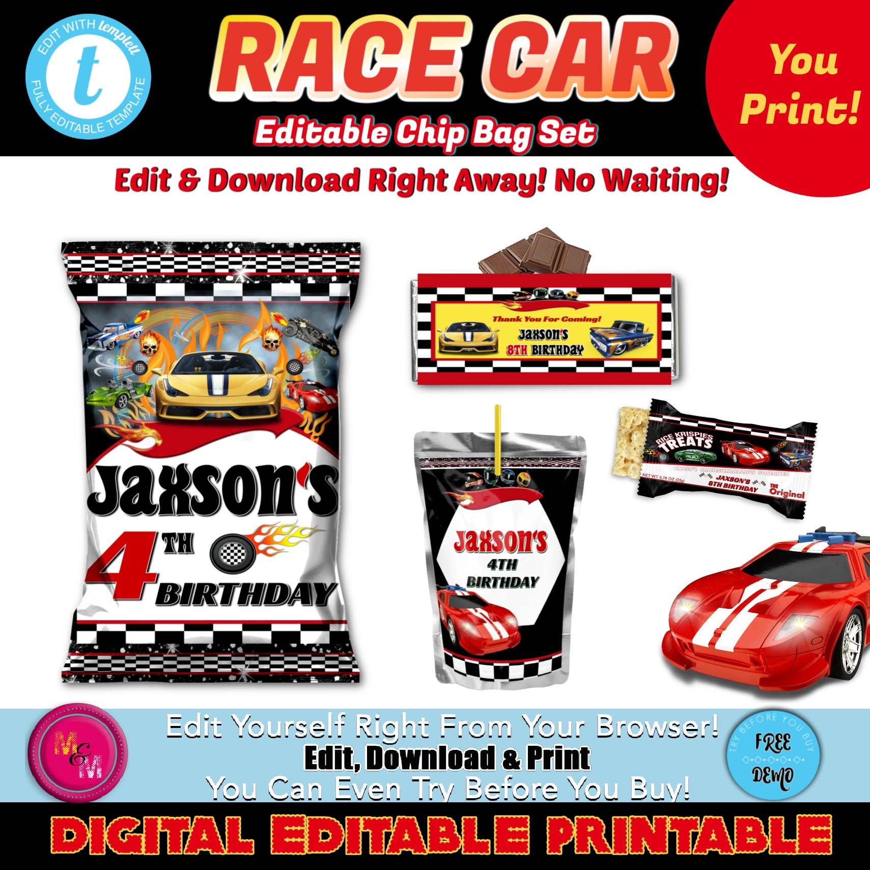 Editable Race Car Chip Bag Set, Race Car Decorations, Race Car Birthday Party