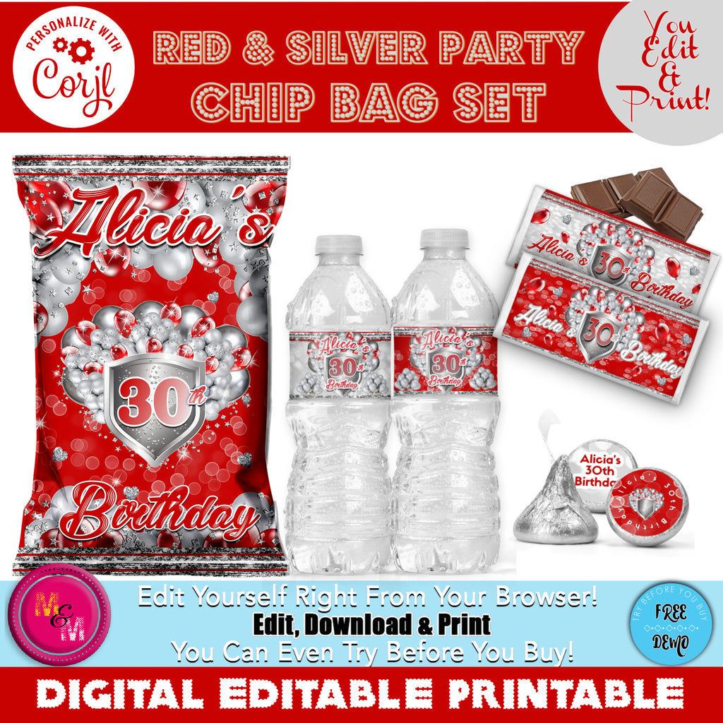 Editable Red & Silver Party Printables, Red & Silver Chip Bag Set, Red ...