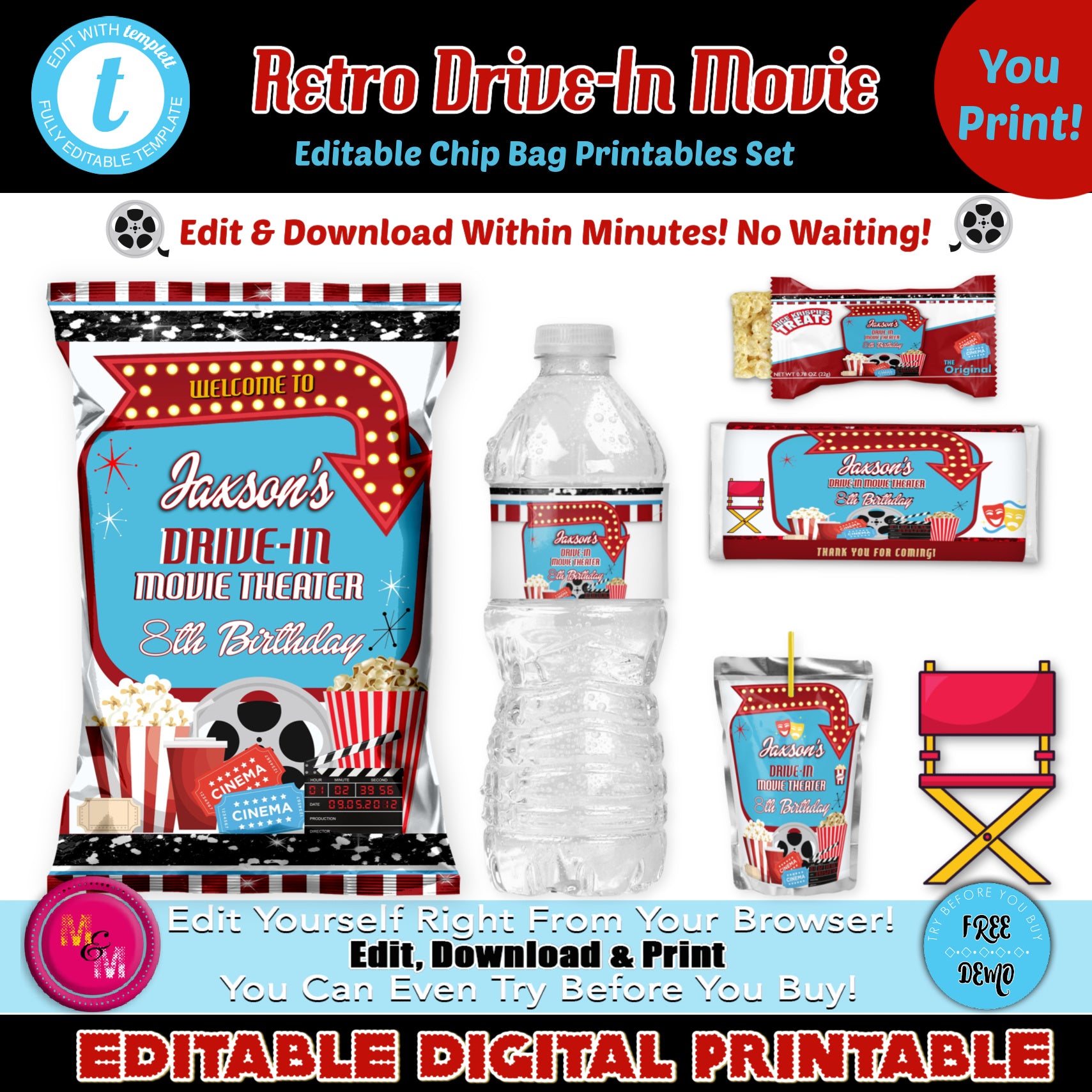 Editable Retro Drive-In Movie Chip Bag Set, Drive In Movie Birthday Printables Set, Drive-Thru Movie