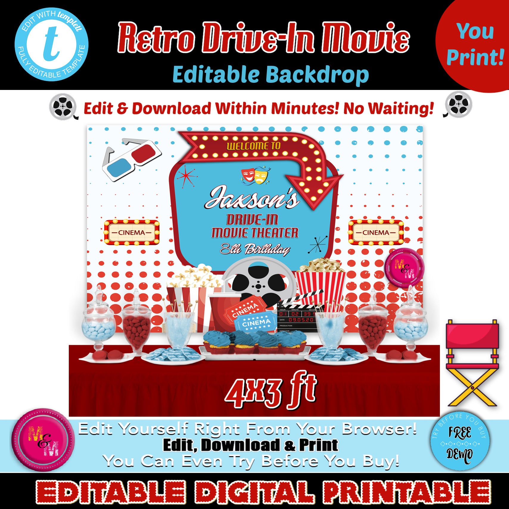 Editable Retro Drive-In Movie Backdrop Printable, Custom Drive-Thru Sign, 4x3 ft