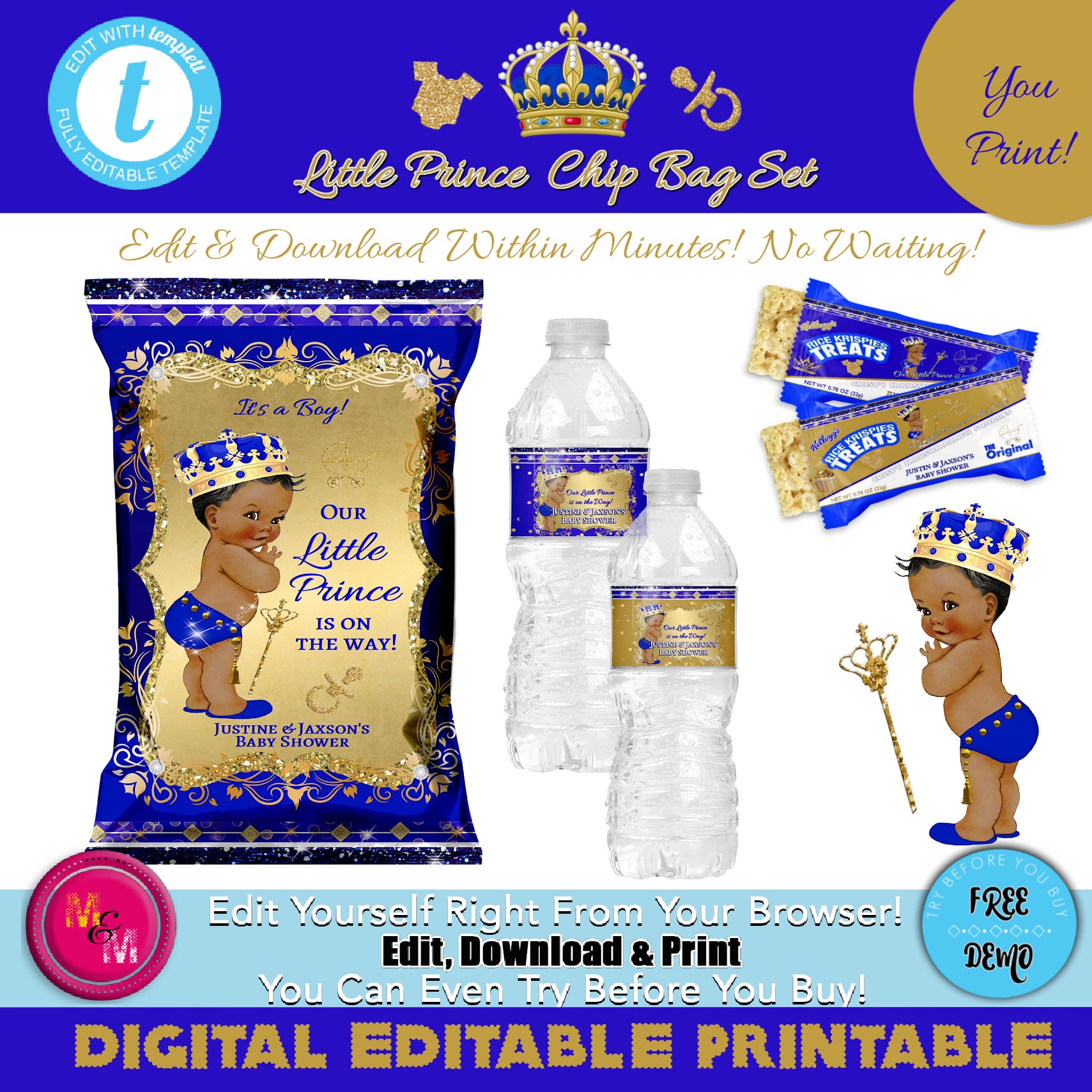 Editable Little Prince Baby Shower Chip Bag Set, Little Prince Party Favors, Royal Baby Chip Bag