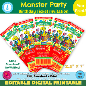 Editable Monster Party Ticket Invitation Printable