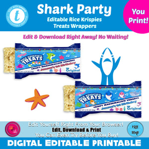 Editable shark party Rice Krispies Wrapper Printable, shark party Rice Krispies Labels, shark party Birthday