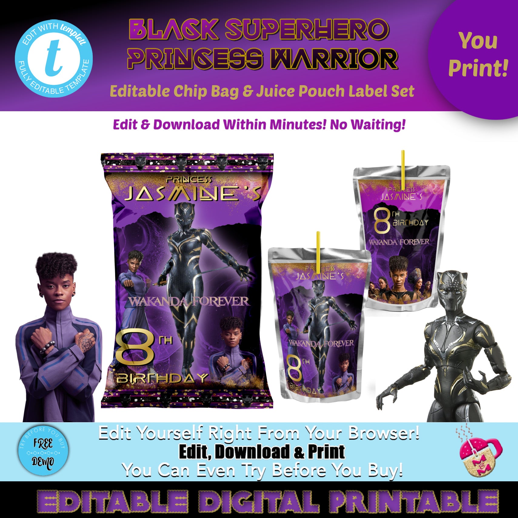Editable Black Superhero Princess Warrior Chip Bag & Juice Pouch Set, Wakanda Forever Party Favors