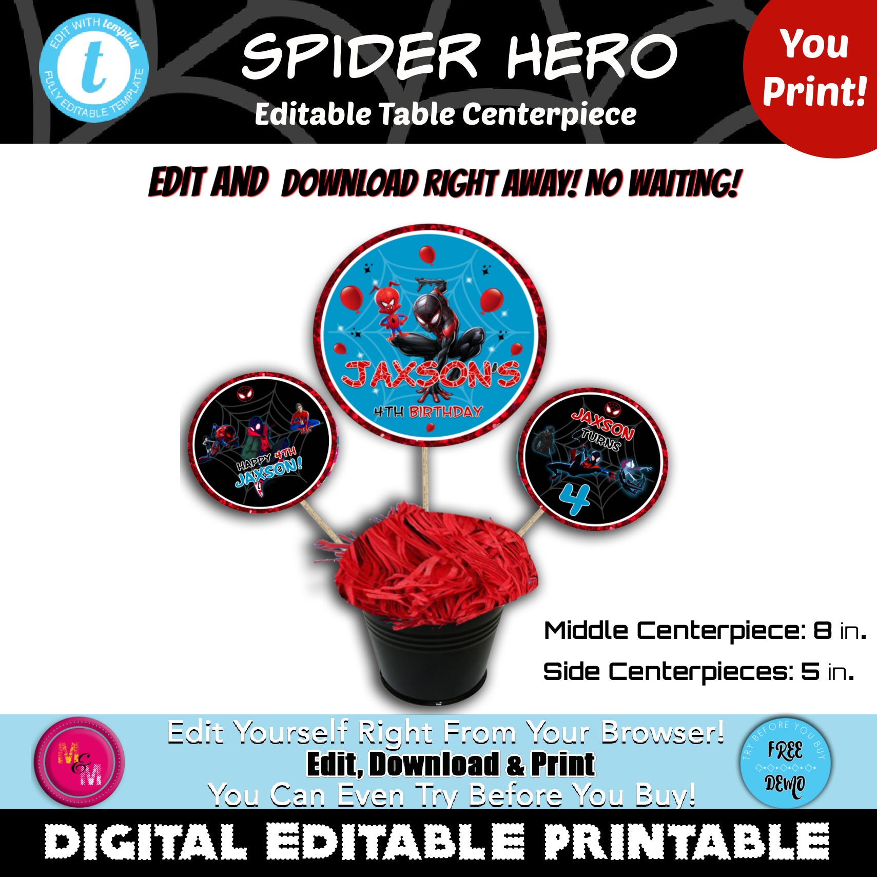 Editable Spider Hero Party Table Centerpiece Printable Set