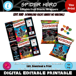 Editable Spider Hero Fruit Snacks Wrappers Printables