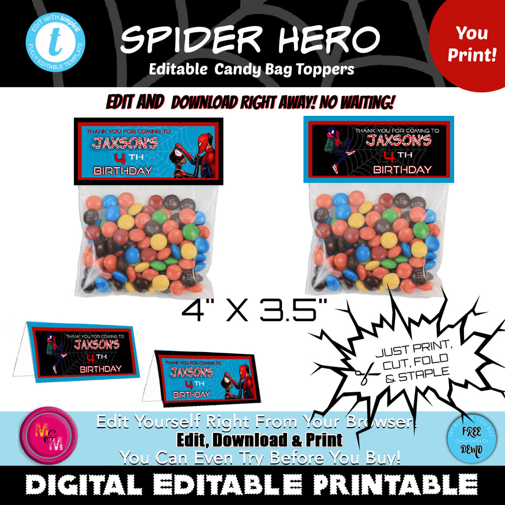 Editable Spider Hero Candy Bag Topper