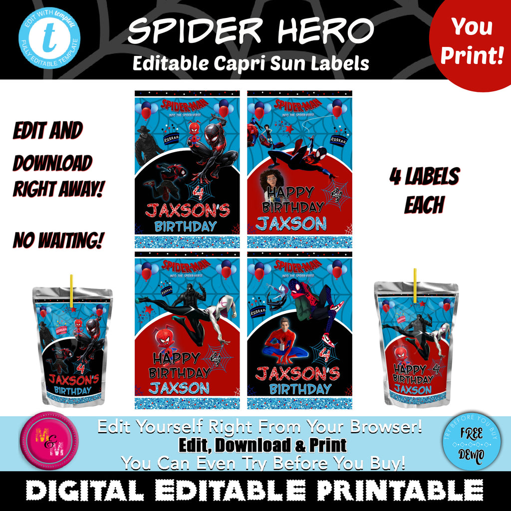 Editable  Spider Hero Water Capri Sun Labels Printable, Spider Hero Juice Pouch Labels, Kool-Aid Juice Pouch Labels