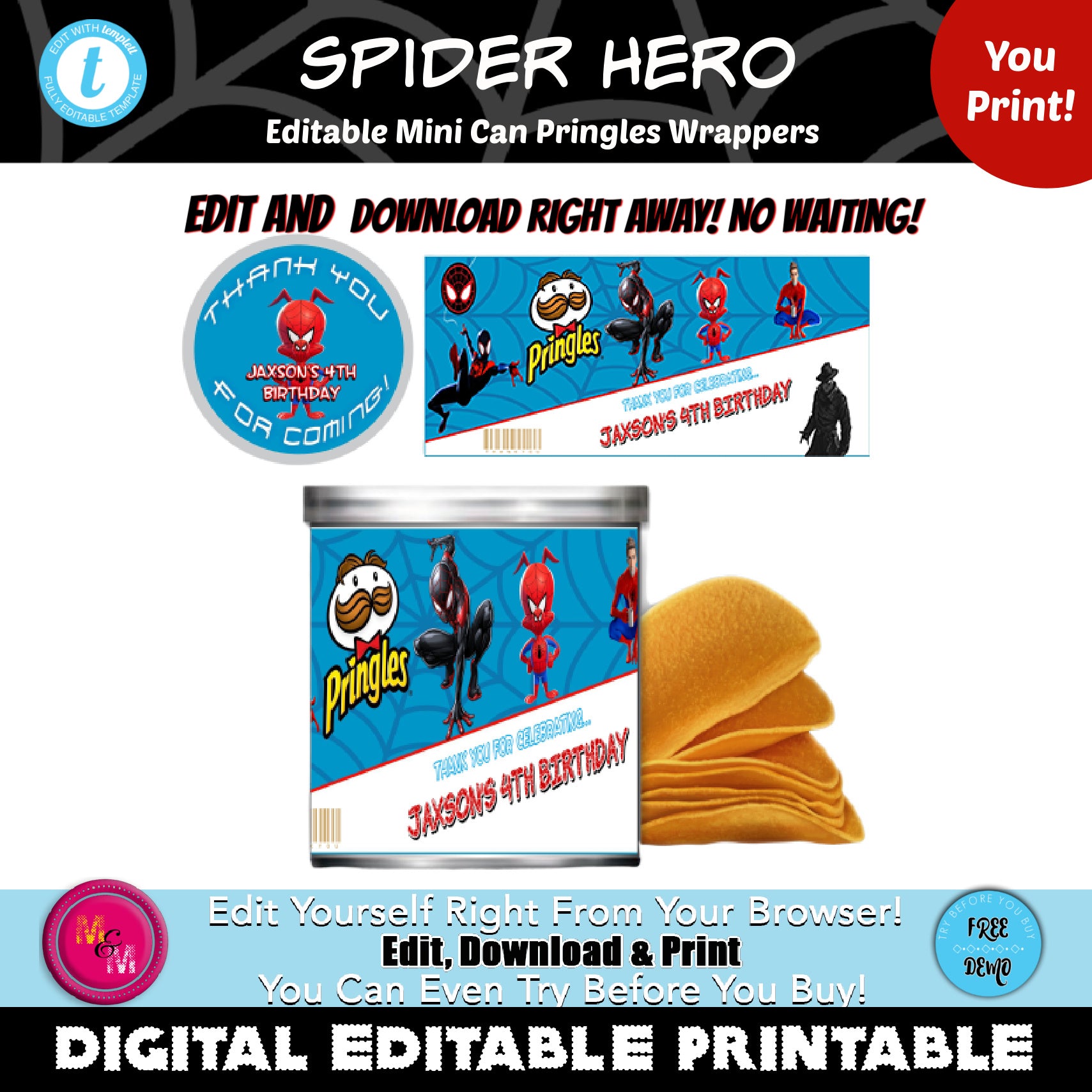 Editable Spider Hero Mini Pringle Can Labels Printables, Spider Hero Mini Pringle Can Wrappers
