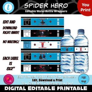 Editable Spider Hero Water Bottle Labels, Spider Hero Water Bottle Wrappers, Spider Hero Movie